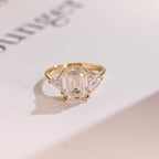Solid Gold Emerald Cut Moissanite Engagement Ring With Trillion Side, Wedding Ring