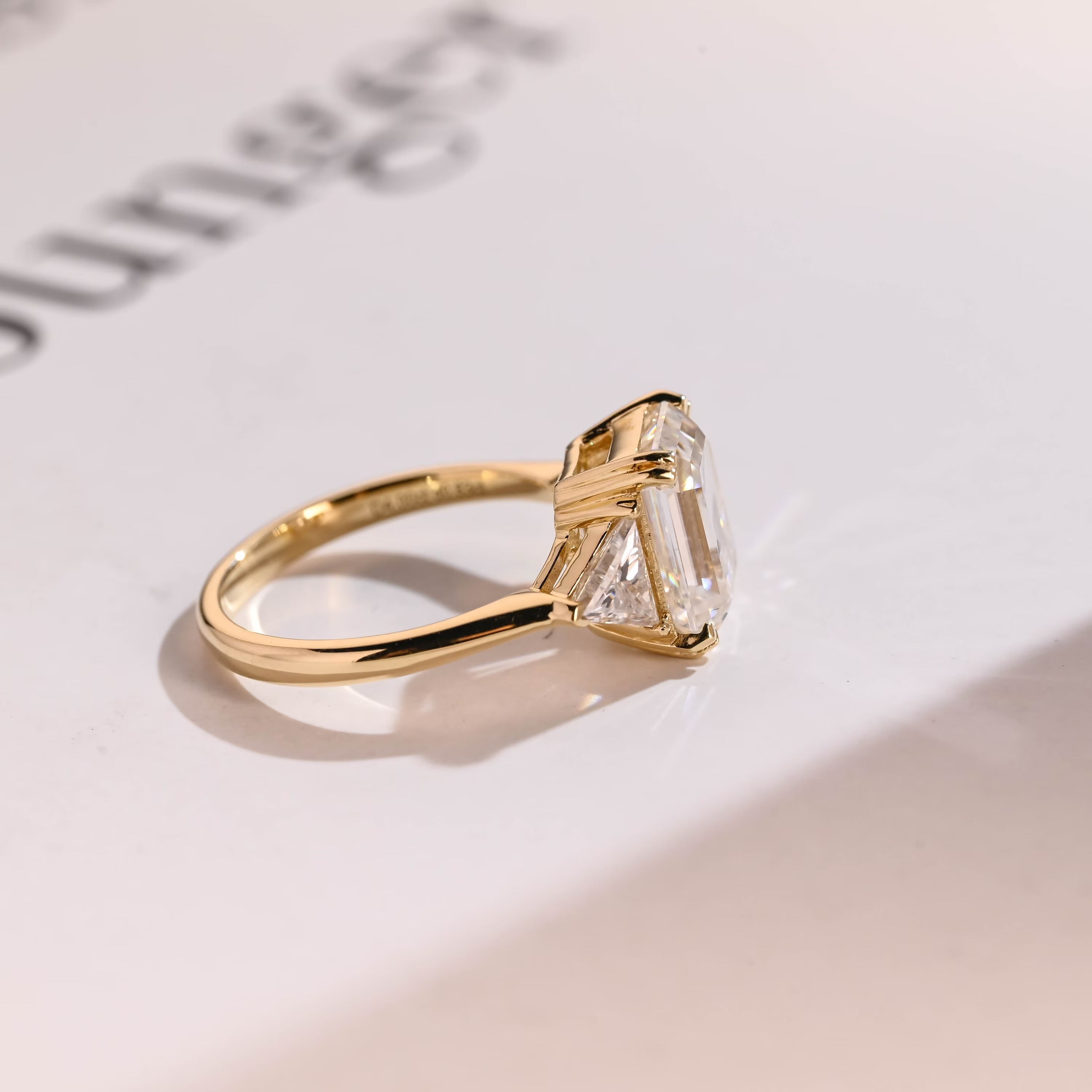 Solid Gold Emerald Cut Moissanite Engagement Ring With Trillion Side, Wedding Ring