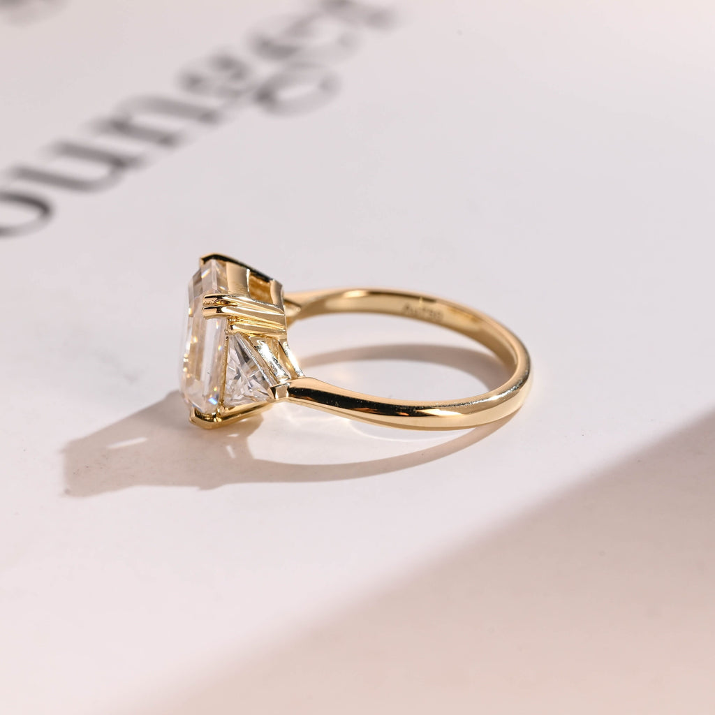 Solid Gold Emerald Cut Moissanite Engagement Ring With Trillion Side, Wedding Ring