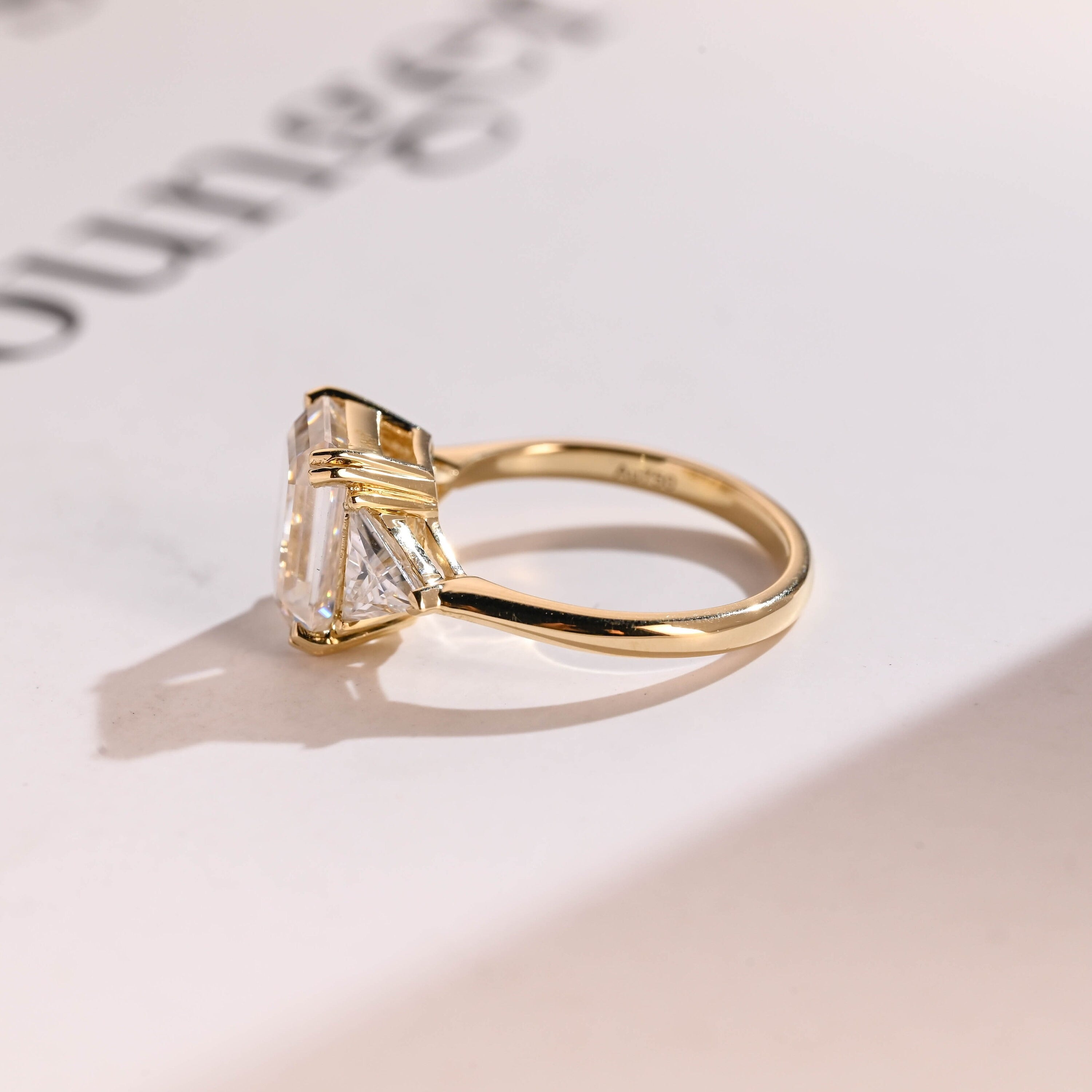 Solid Gold Emerald Cut Moissanite Engagement Ring With Trillion Side, Wedding Ring