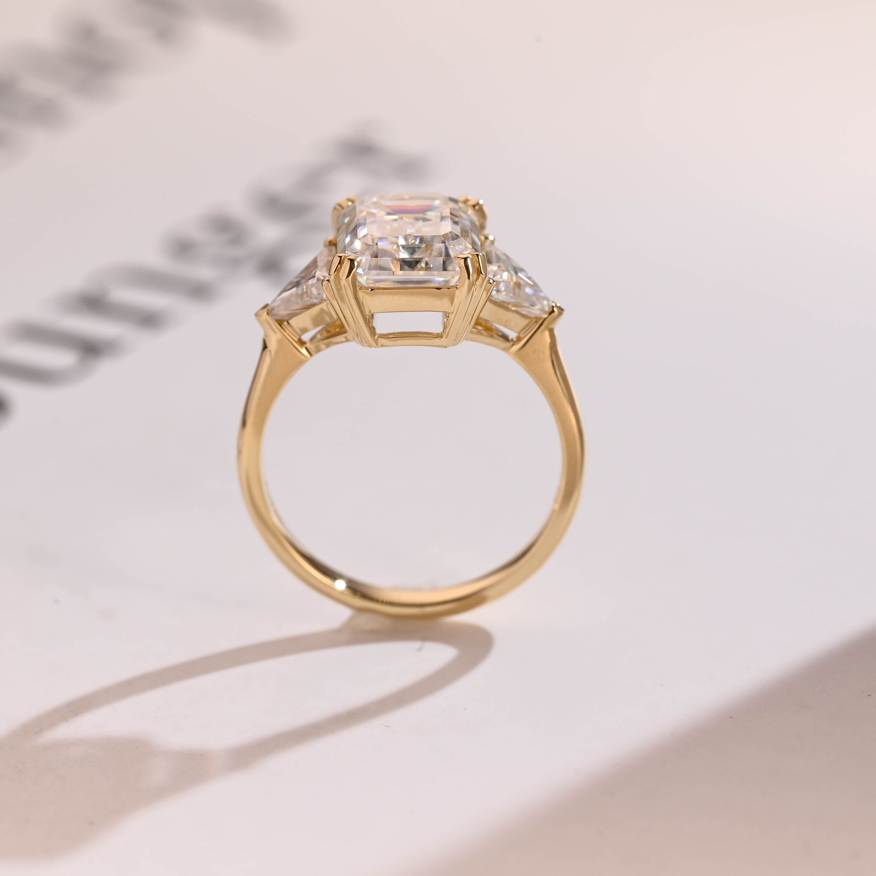 Solid Gold Emerald Cut Moissanite Engagement Ring With Trillion Side, Wedding Ring