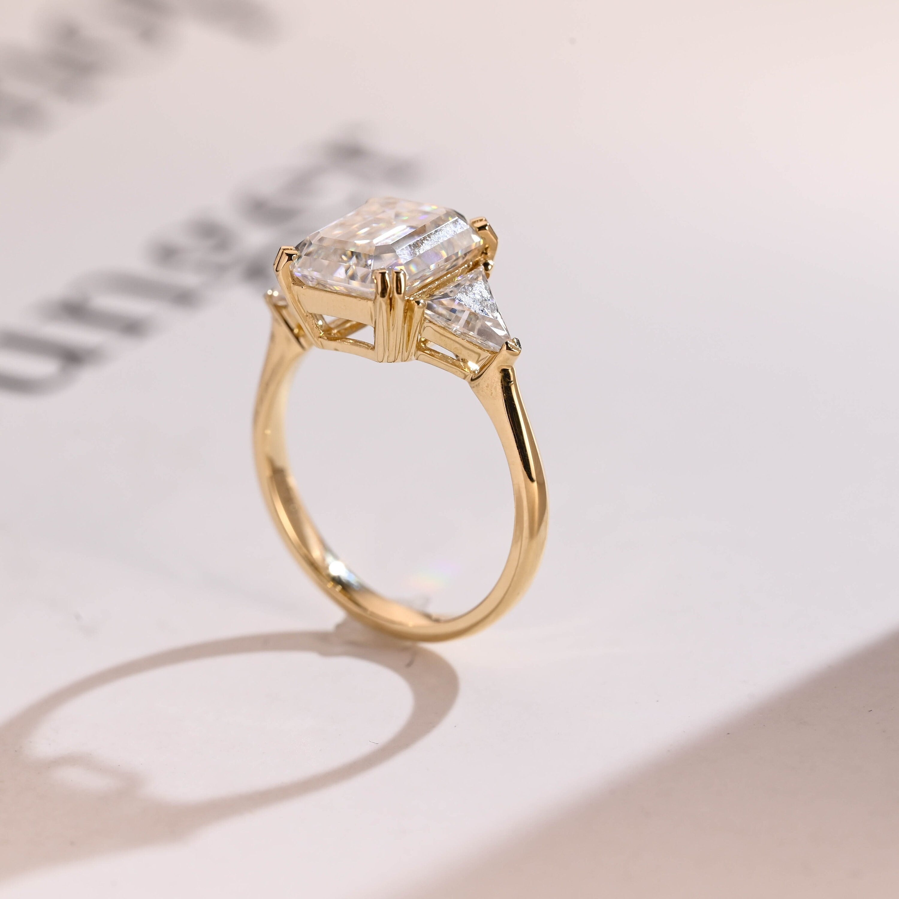 Solid Gold Emerald Cut Moissanite Engagement Ring With Trillion Side, Wedding Ring