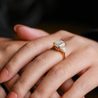 Solid Gold Emerald Cut Moissanite Engagement Ring With Trillion Side, Wedding Ring