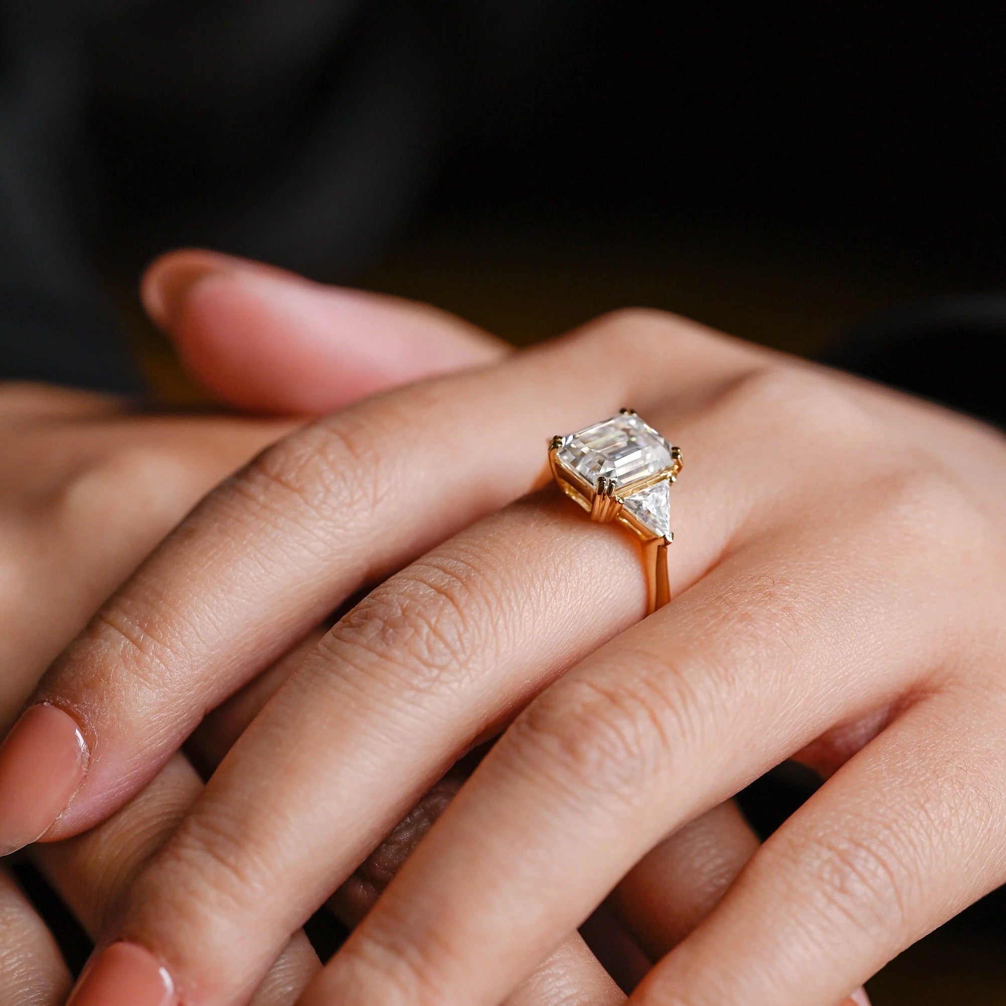 Solid Gold Emerald Cut Moissanite Engagement Ring With Trillion Side, Wedding Ring