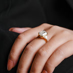 Solid Gold Emerald Cut Moissanite Engagement Ring With Trillion Side, Wedding Ring