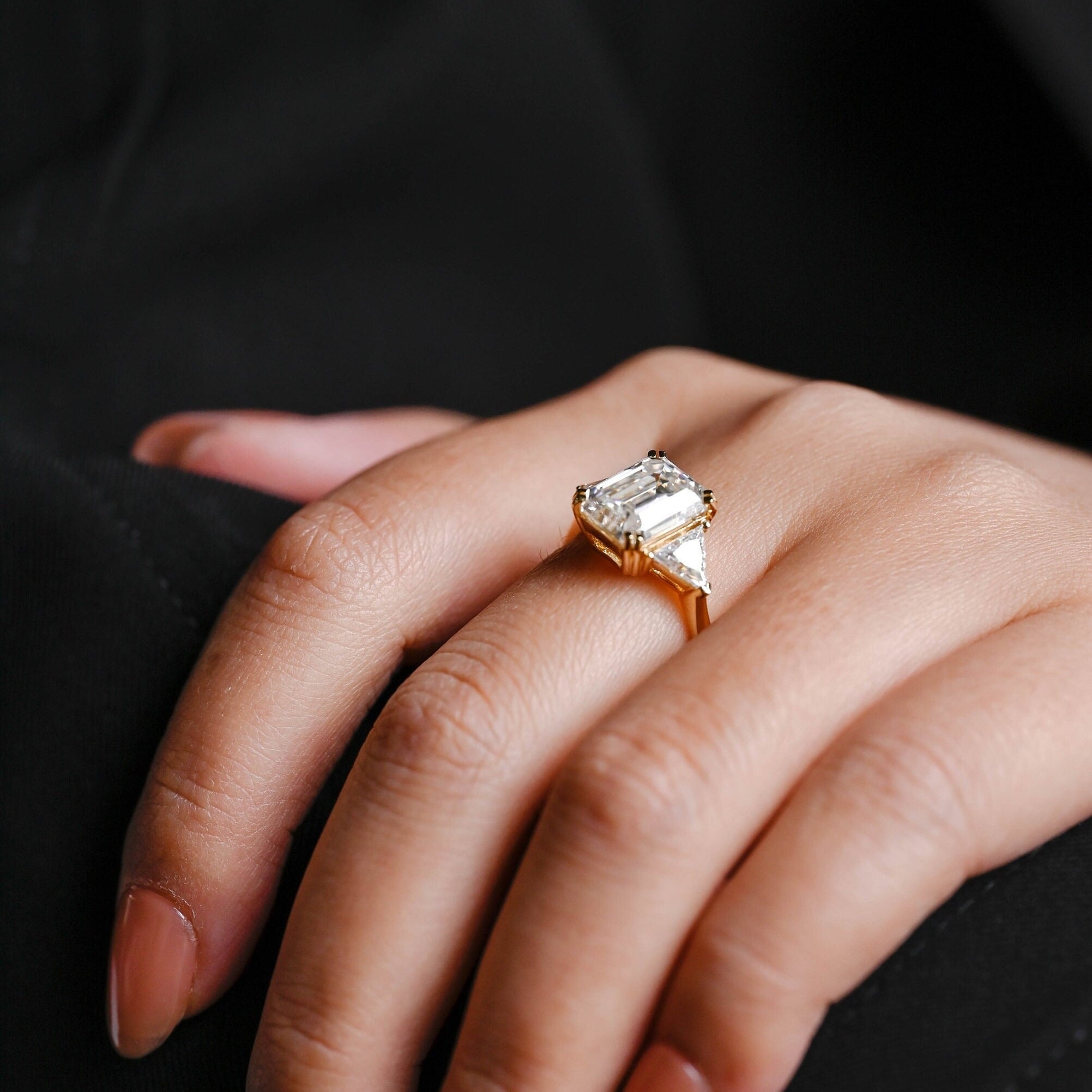 Solid Gold Emerald Cut Moissanite Engagement Ring With Trillion Side, Wedding Ring