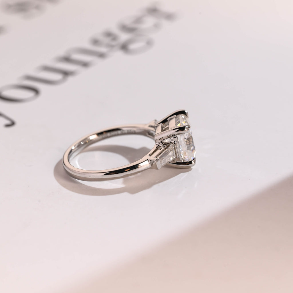 Solid Gold Cushion Cut Moissanite Engagement Ring, Three Stones Ring