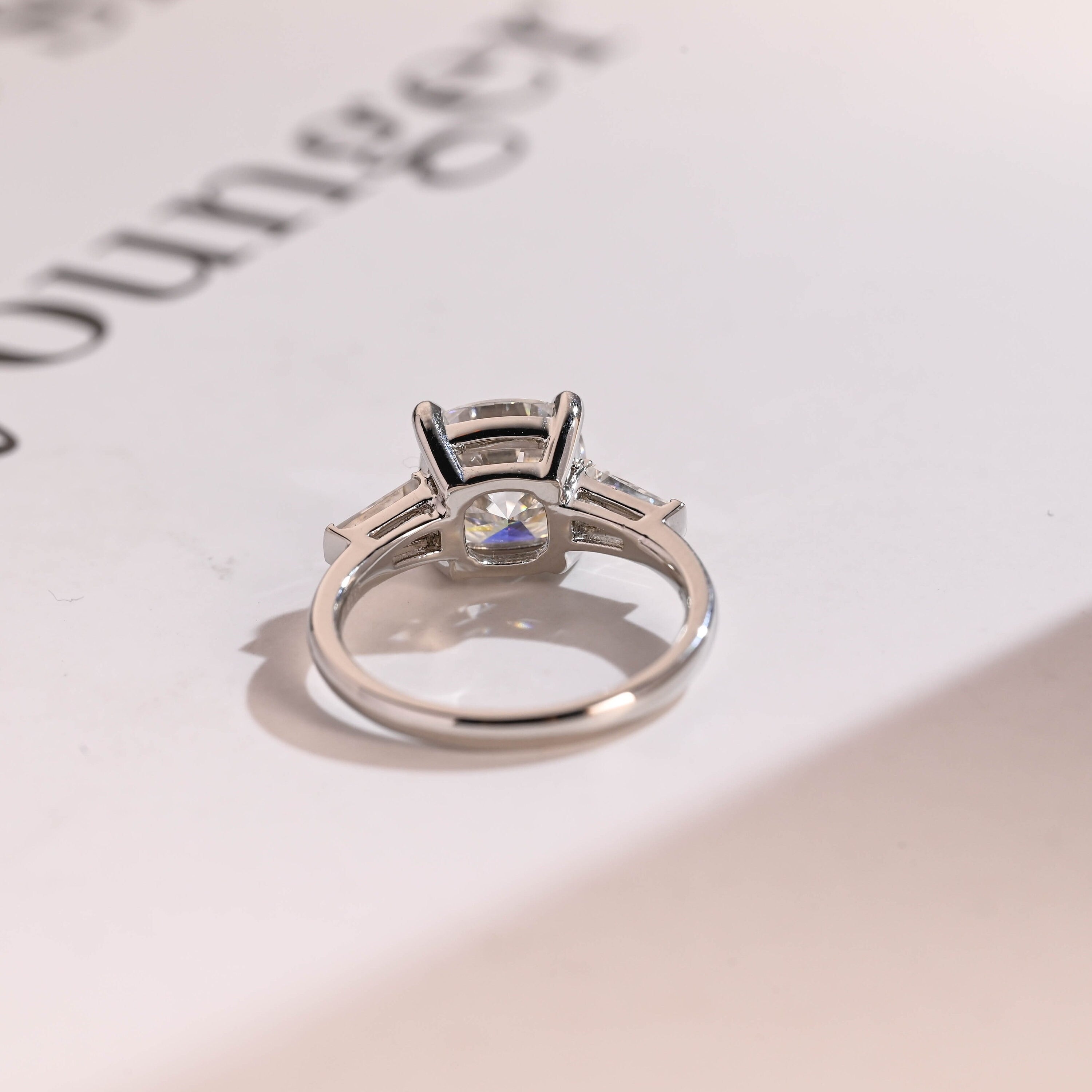 Solid Gold Cushion Cut Moissanite Engagement Ring, Three Stones Ring