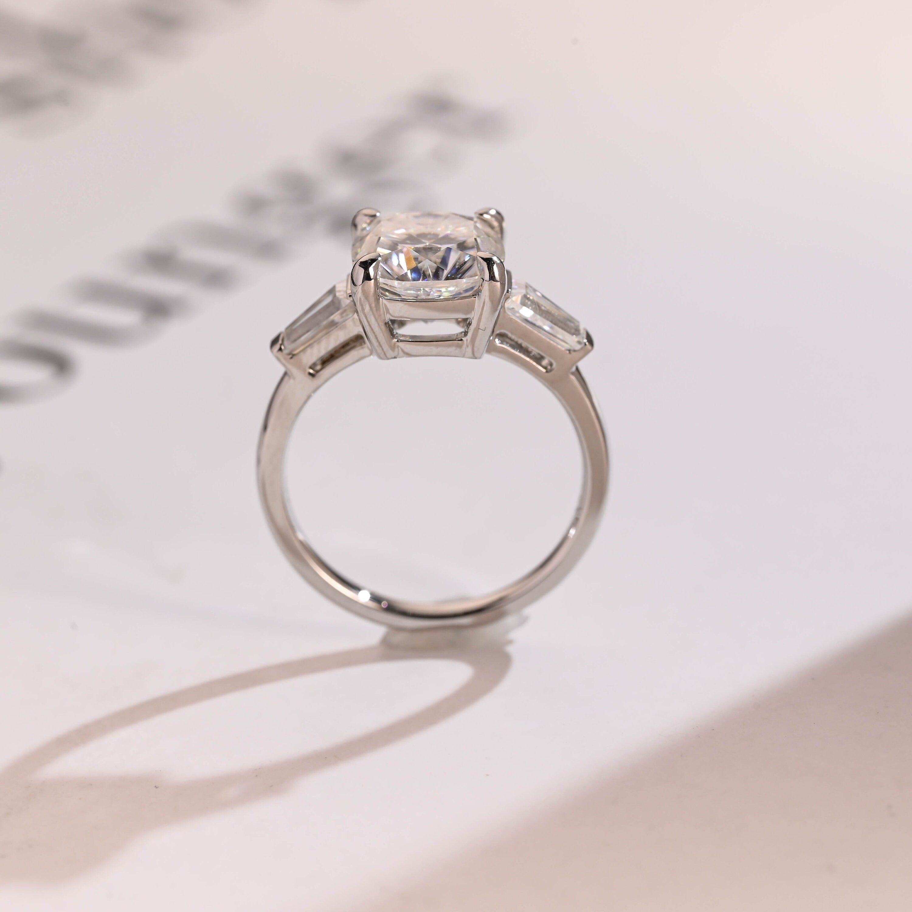 Solid Gold Cushion Cut Moissanite Engagement Ring, Three Stones Ring