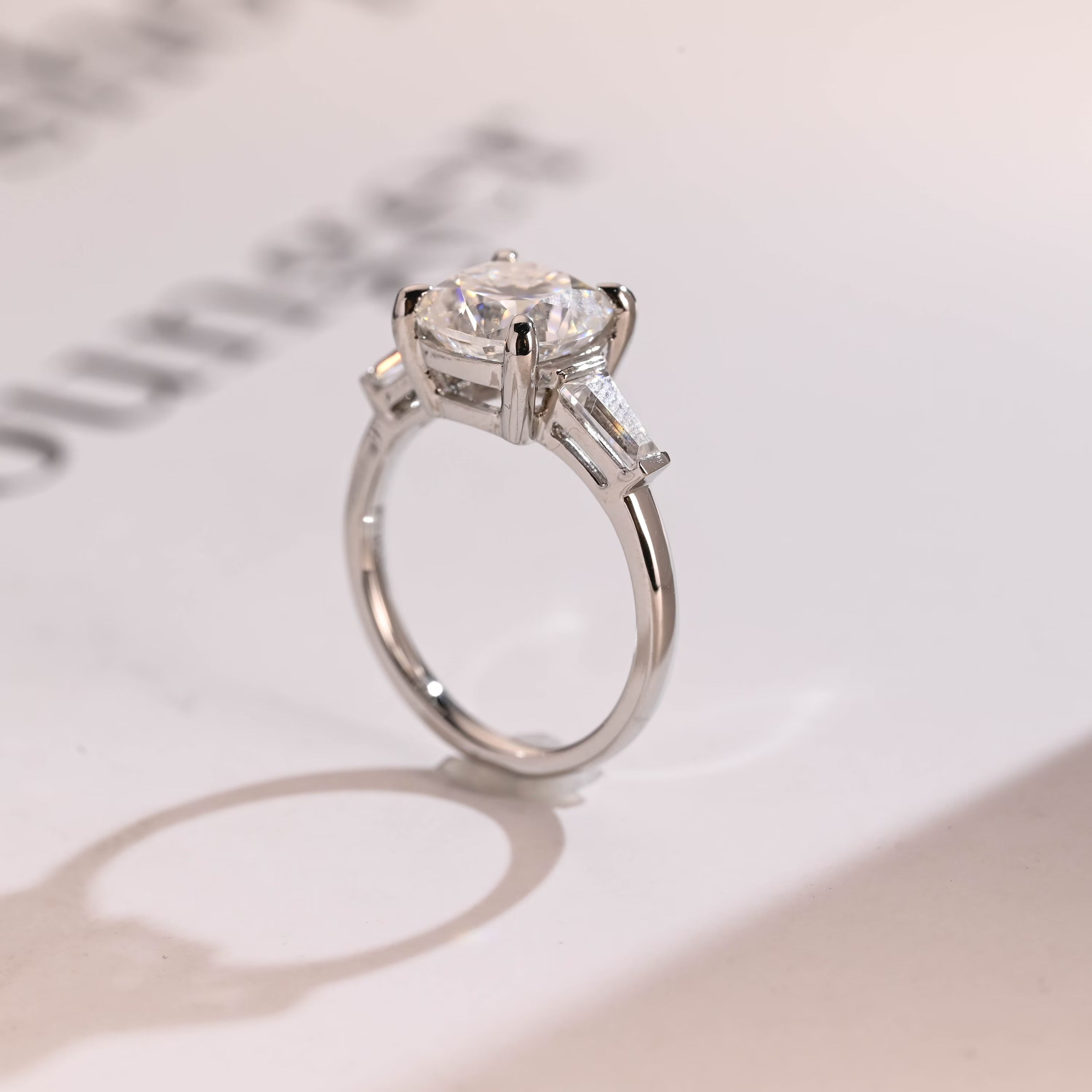Solid Gold Cushion Cut Moissanite Engagement Ring, Three Stones Ring