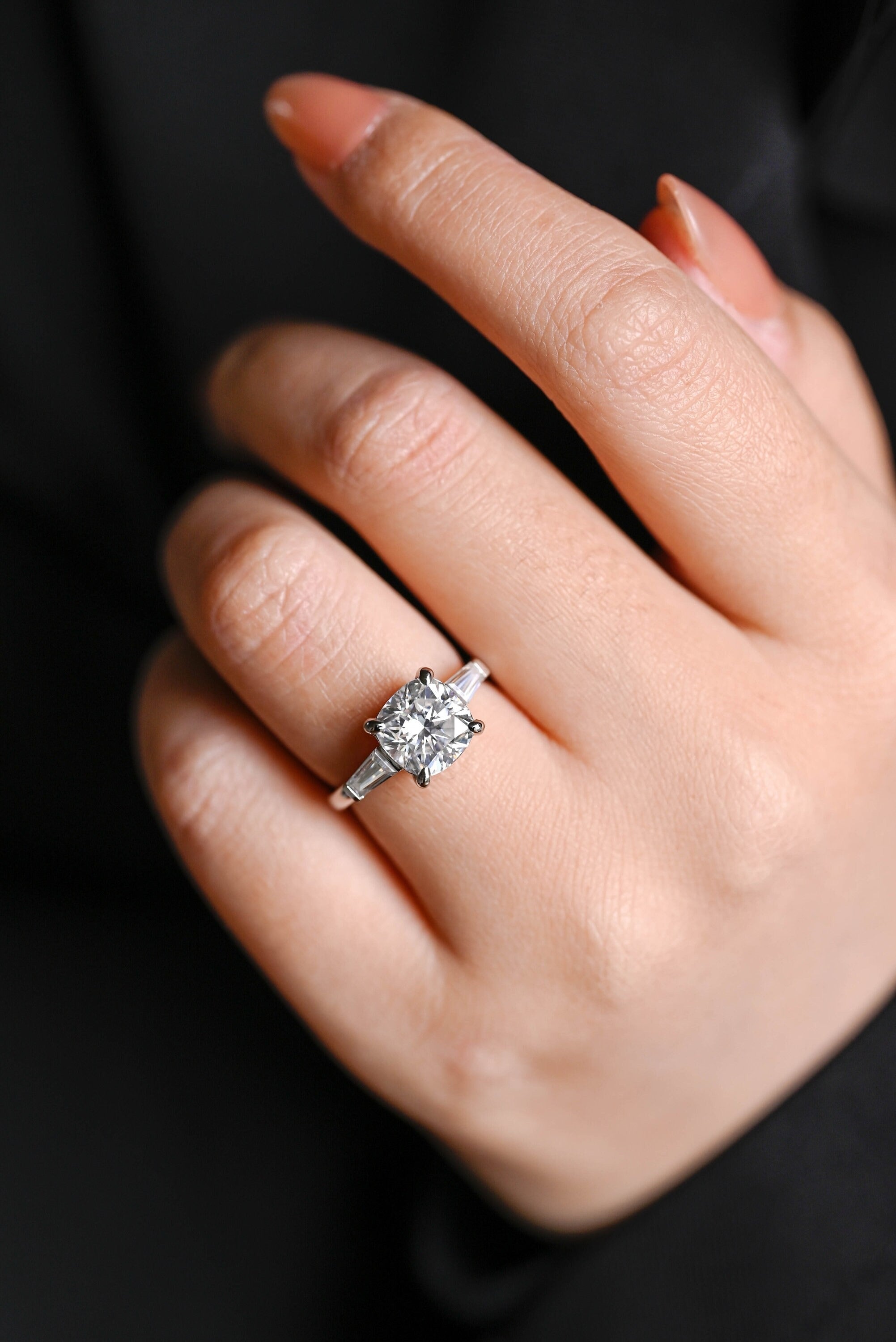 Solid Gold Cushion Cut Moissanite Engagement Ring, Three Stones Ring