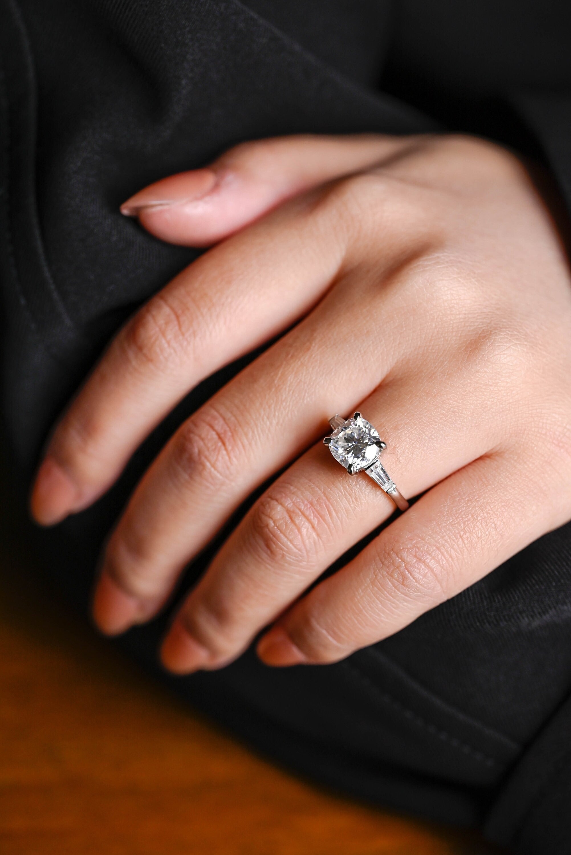 Solid Gold Cushion Cut Moissanite Engagement Ring, Three Stones Ring