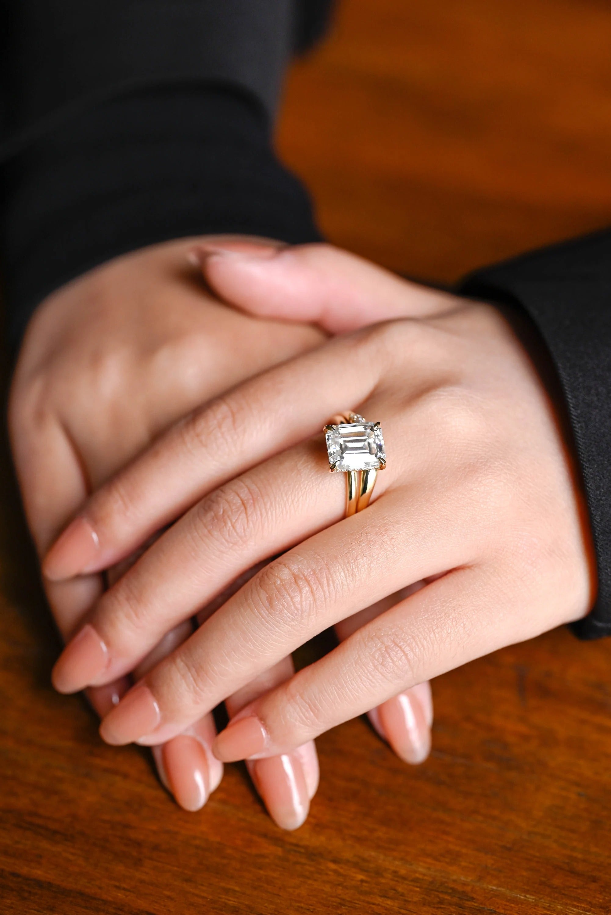Solid Gold Elongated-Emerald Cut Moissanite Engagement Ring Set