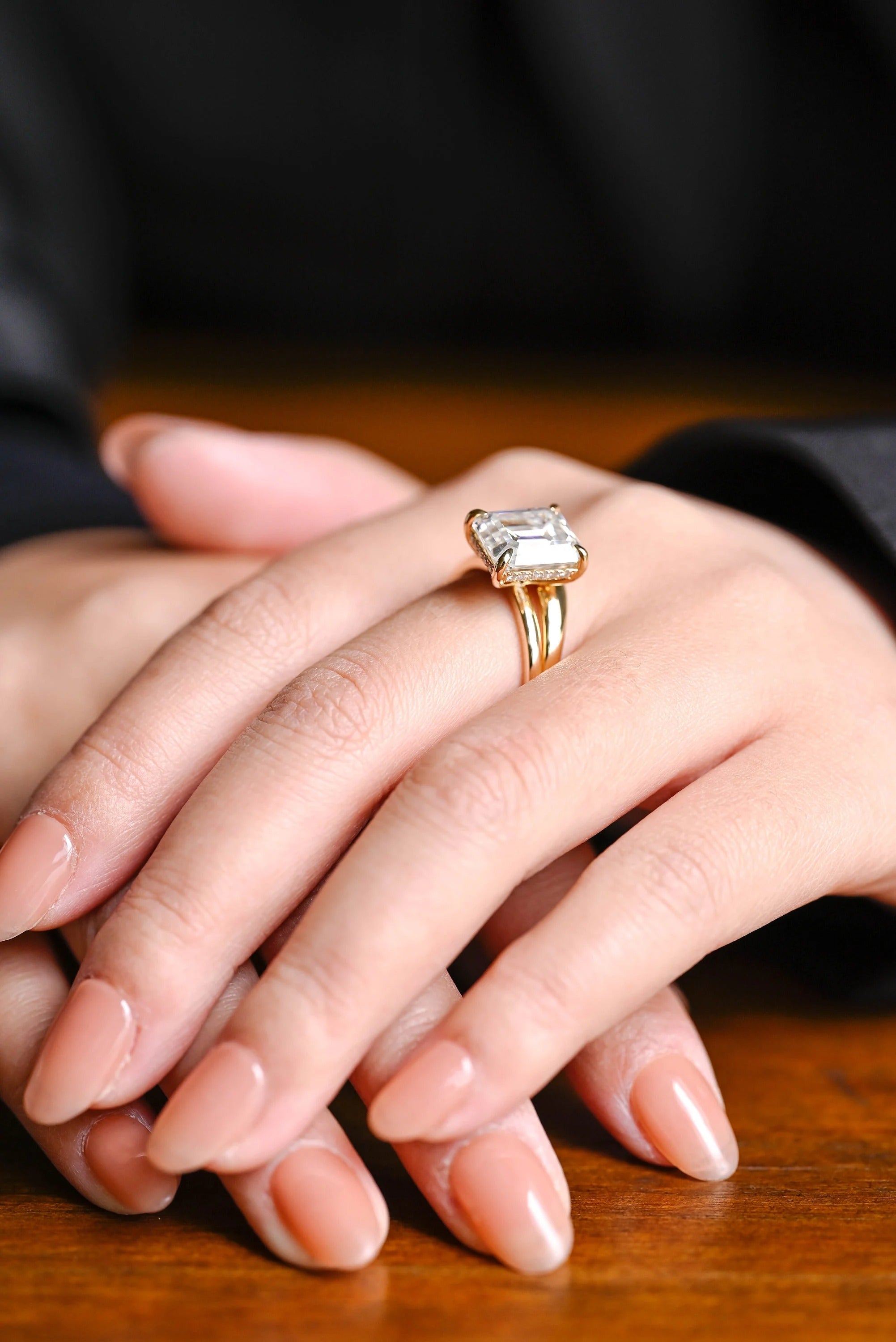 Solid Gold Elongated-Emerald Cut Moissanite Engagement Ring Set
