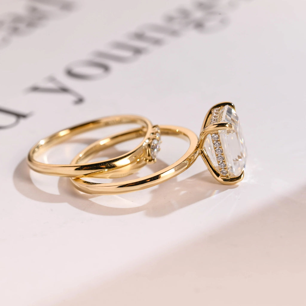 Solid Gold Elongated-Emerald Cut Moissanite Engagement Ring Set