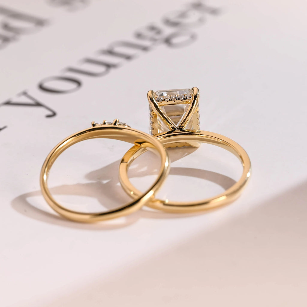 Solid Gold Elongated-Emerald Cut Moissanite Engagement Ring Set