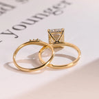 Solid Gold Elongated-Emerald Cut Moissanite Engagement Ring Set