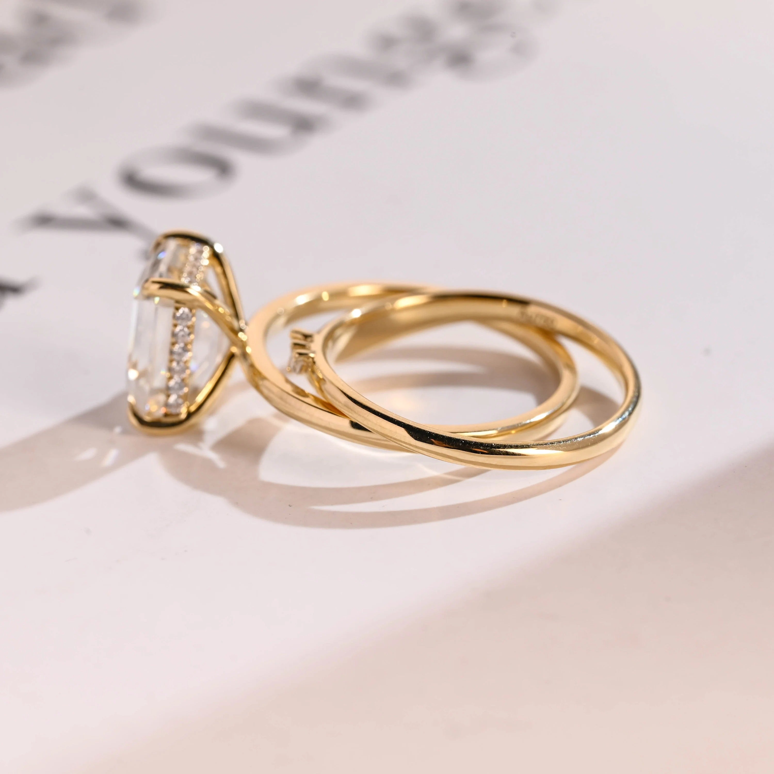 Solid Gold Elongated-Emerald Cut Moissanite Engagement Ring Set