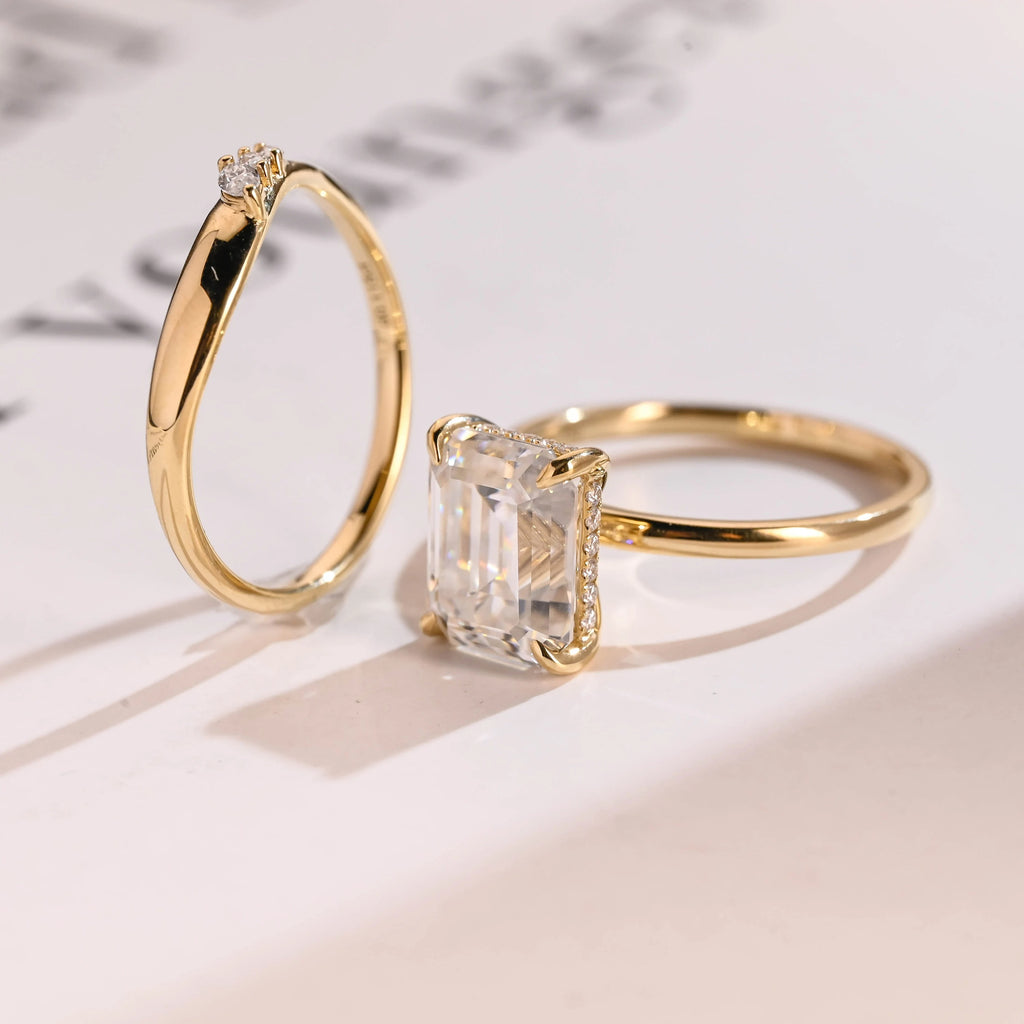 Solid Gold Elongated-Emerald Cut Moissanite Engagement Ring Set