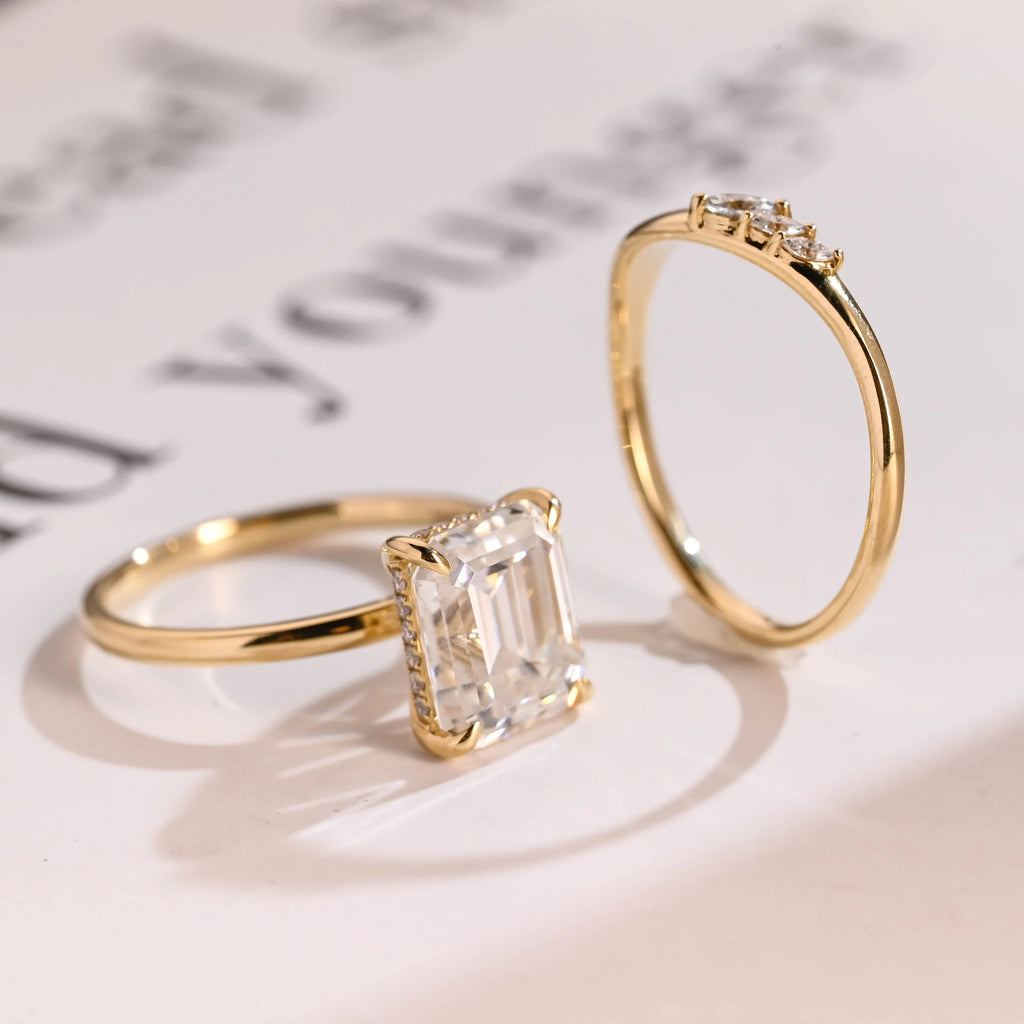 Solid Gold Elongated-Emerald Cut Moissanite Engagement Ring Set