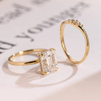 Solid Gold Elongated-Emerald Cut Moissanite Engagement Ring Set