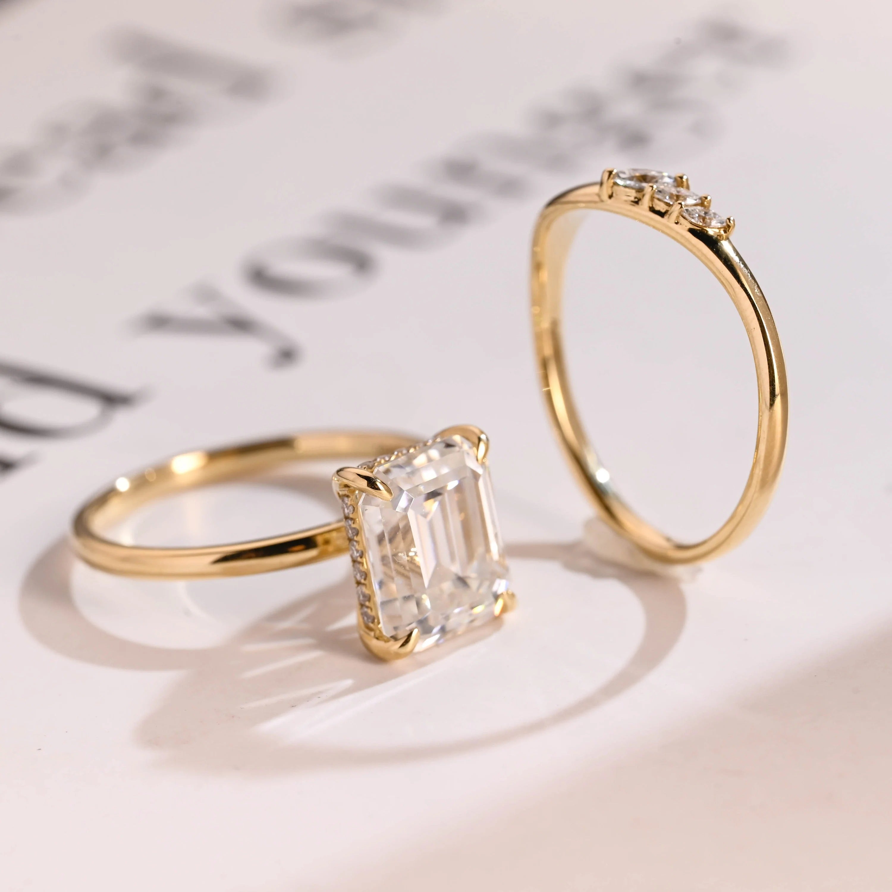 Solid Gold Elongated-Emerald Cut Moissanite Engagement Ring Set