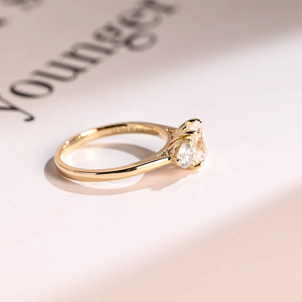 Solid Gold Elongated Cushion Moissanite Engagement Ring with Side Stone, Anniversary Gift