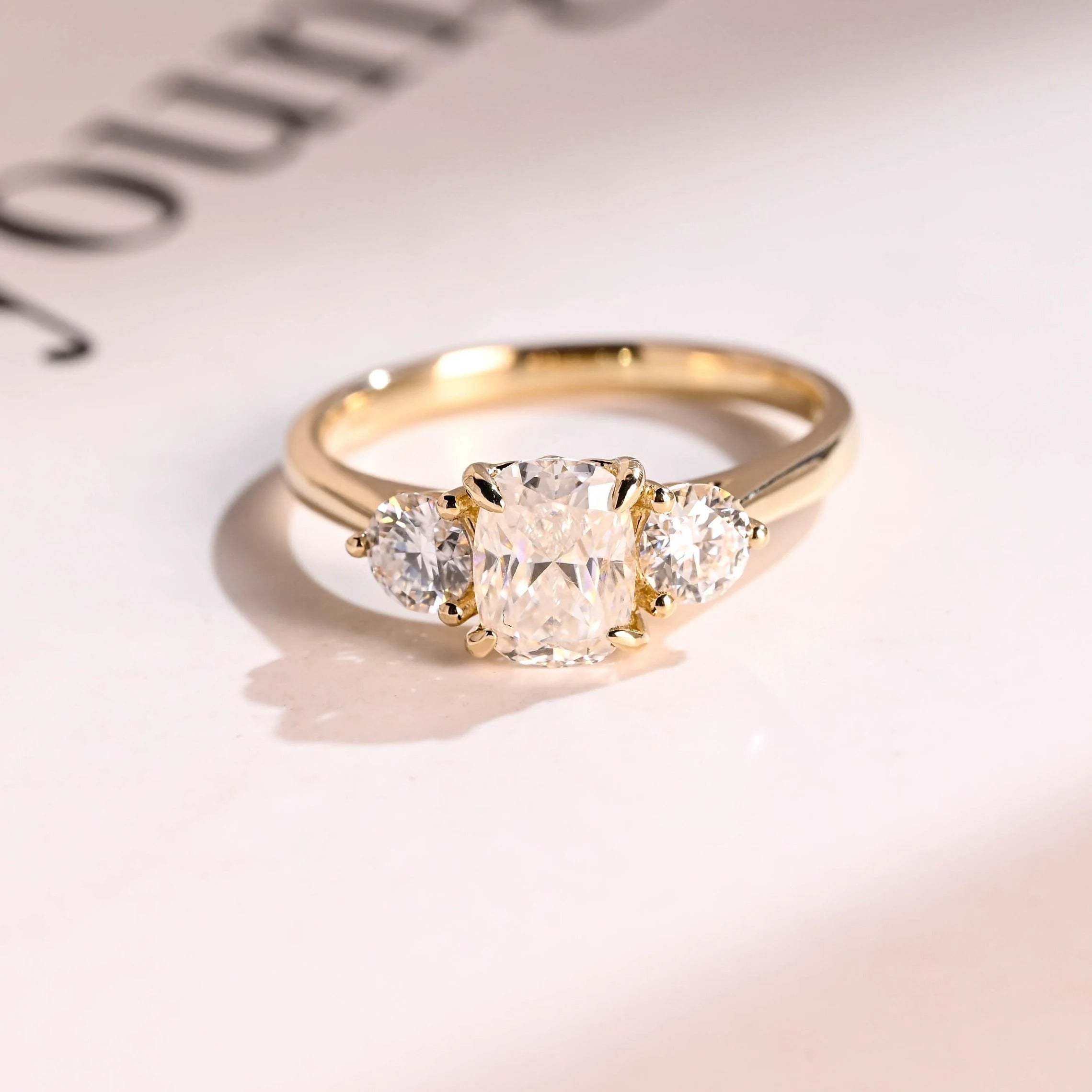 Solid Gold Elongated Cushion Moissanite Engagement Ring with Side Stone, Anniversary Gift Main image