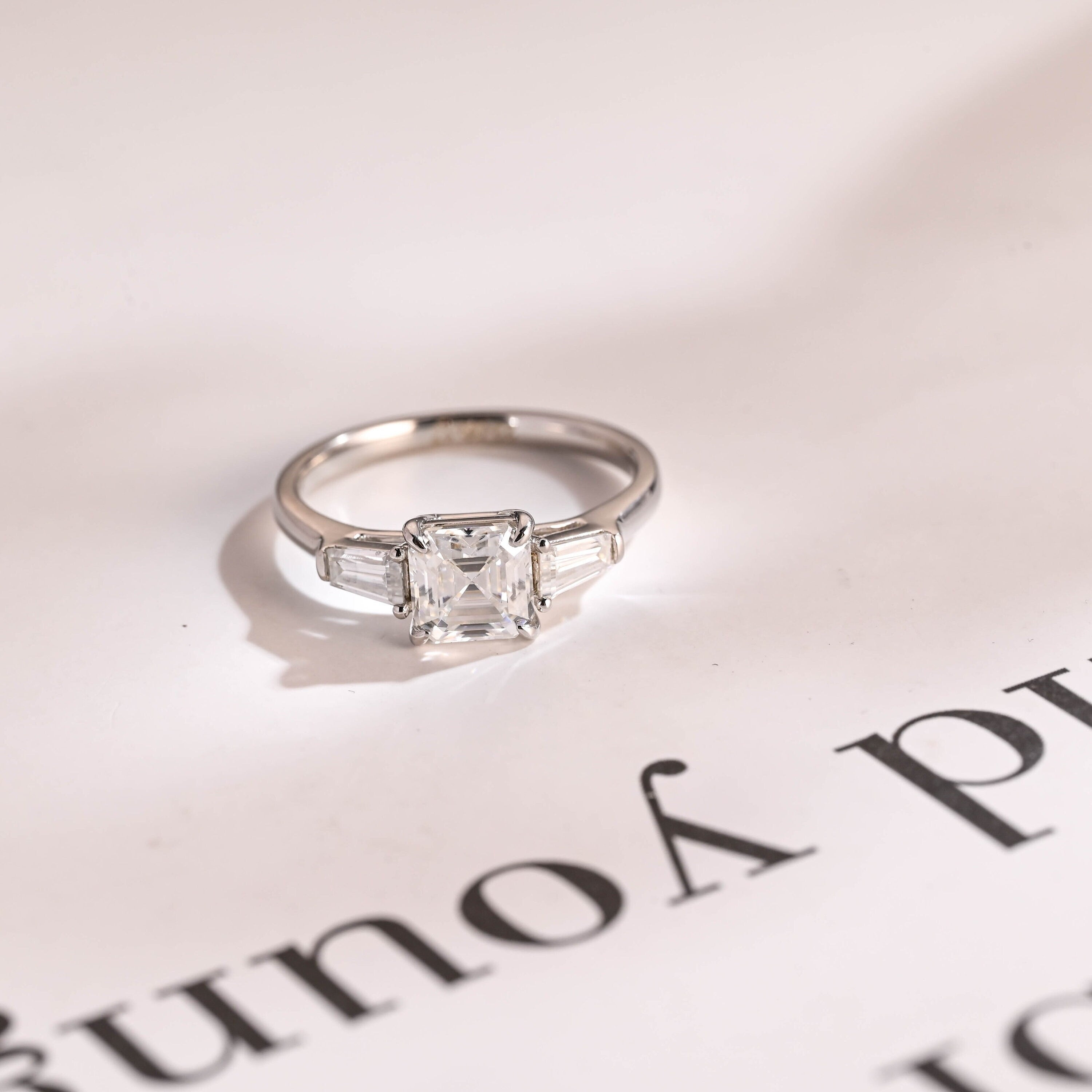 Solid Gold Assher Cut Moissanite Engagement Ring, Three Stones Ring, Main image