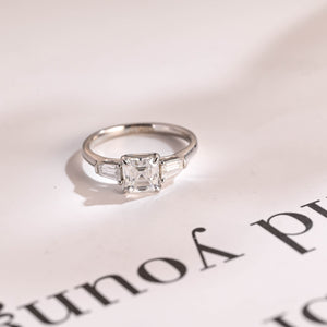 Solid Gold Assher Cut Moissanite Engagement Ring, Three Stones Ring,