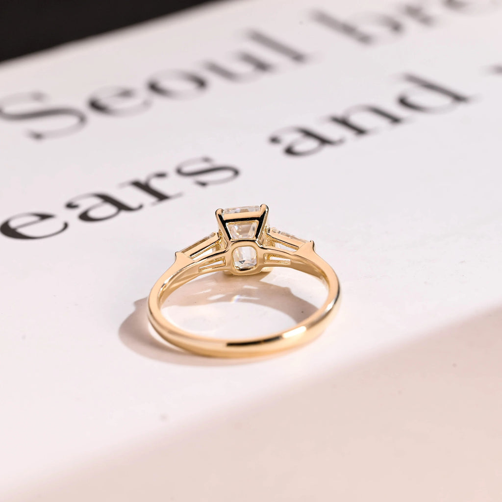 Solid Gold Emerald Moissanite Engagement Ring, Three Stone Ring