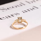 Solid Gold Emerald Moissanite Engagement Ring, Three Stone Ring