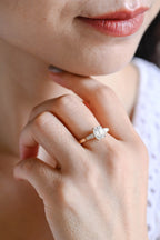 Solid Gold Emerald Moissanite Engagement Ring, Three Stone Ring