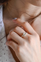 Solid Gold Emerald Moissanite Engagement Ring, Three Stone Ring