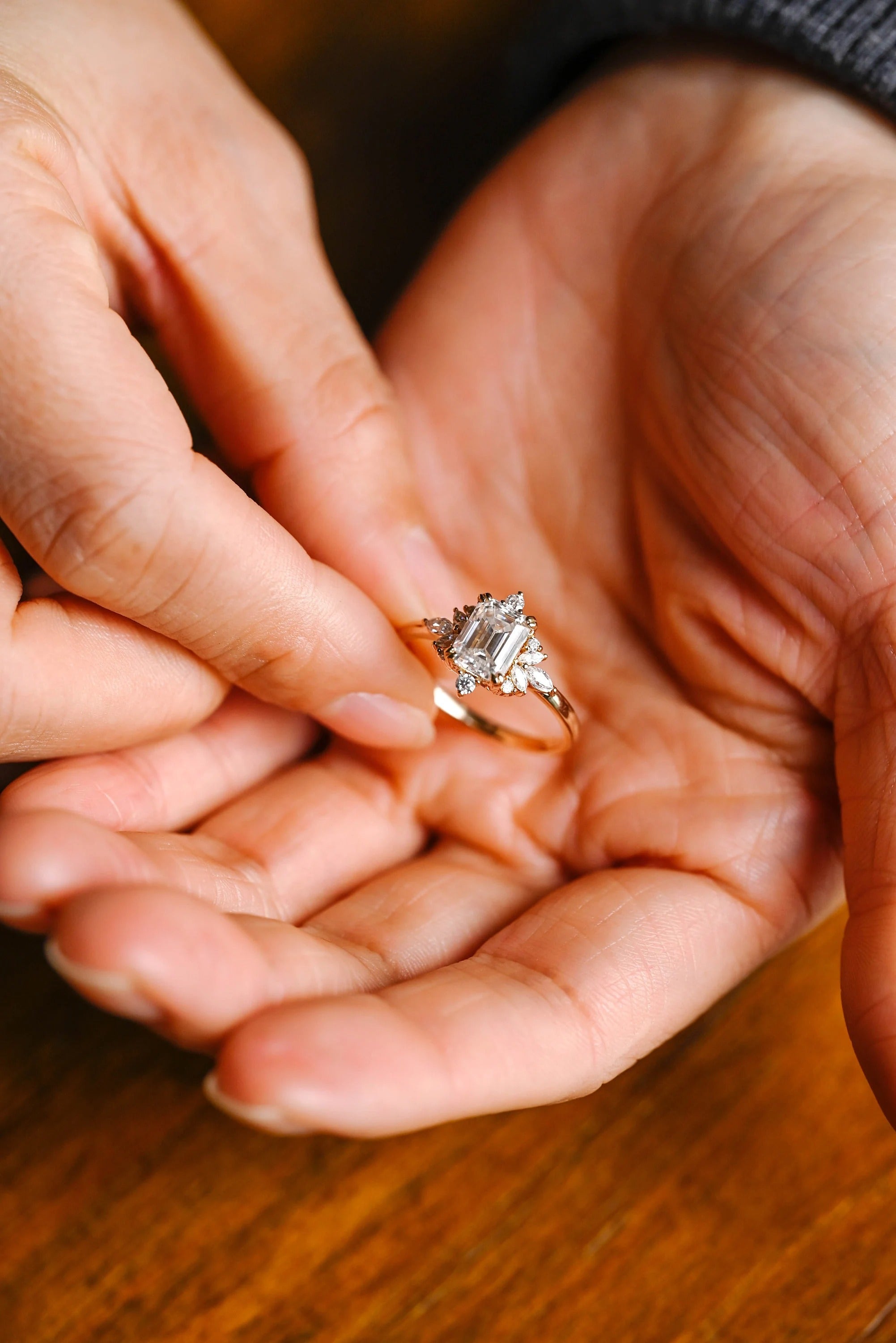 Solid Gold Emerald Cut Moissanite Engagement Ring, Dainty Cluster Promise Ring