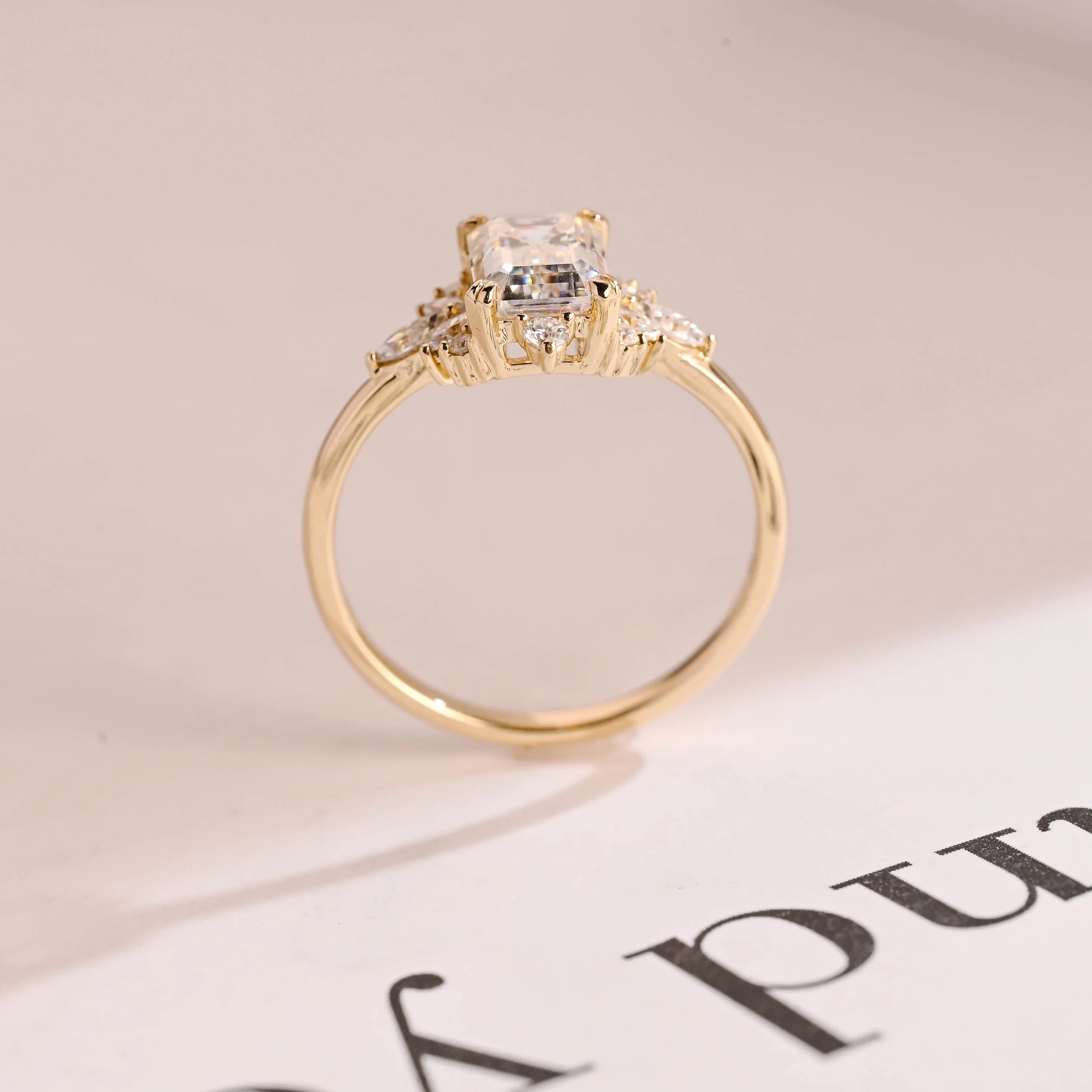 Solid Gold Emerald Cut Moissanite Engagement Ring, Dainty Cluster Promise Ring