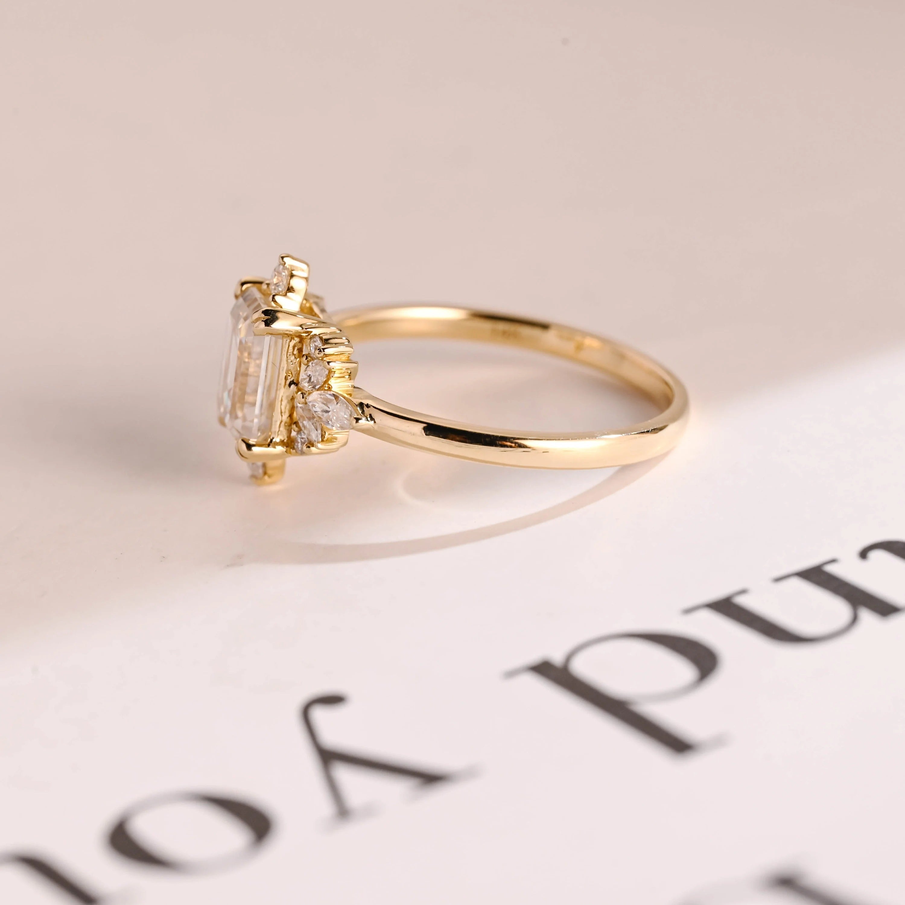 Solid Gold Emerald Cut Moissanite Engagement Ring, Dainty Cluster Promise Ring
