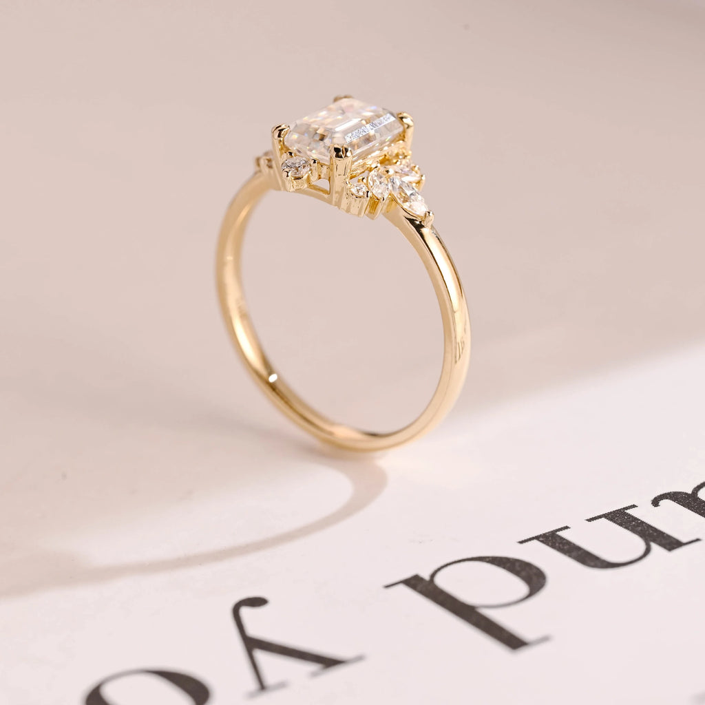 Solid Gold Emerald Cut Moissanite Engagement Ring, Dainty Cluster Promise Ring