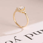 Solid Gold Emerald Cut Moissanite Engagement Ring, Dainty Cluster Promise Ring