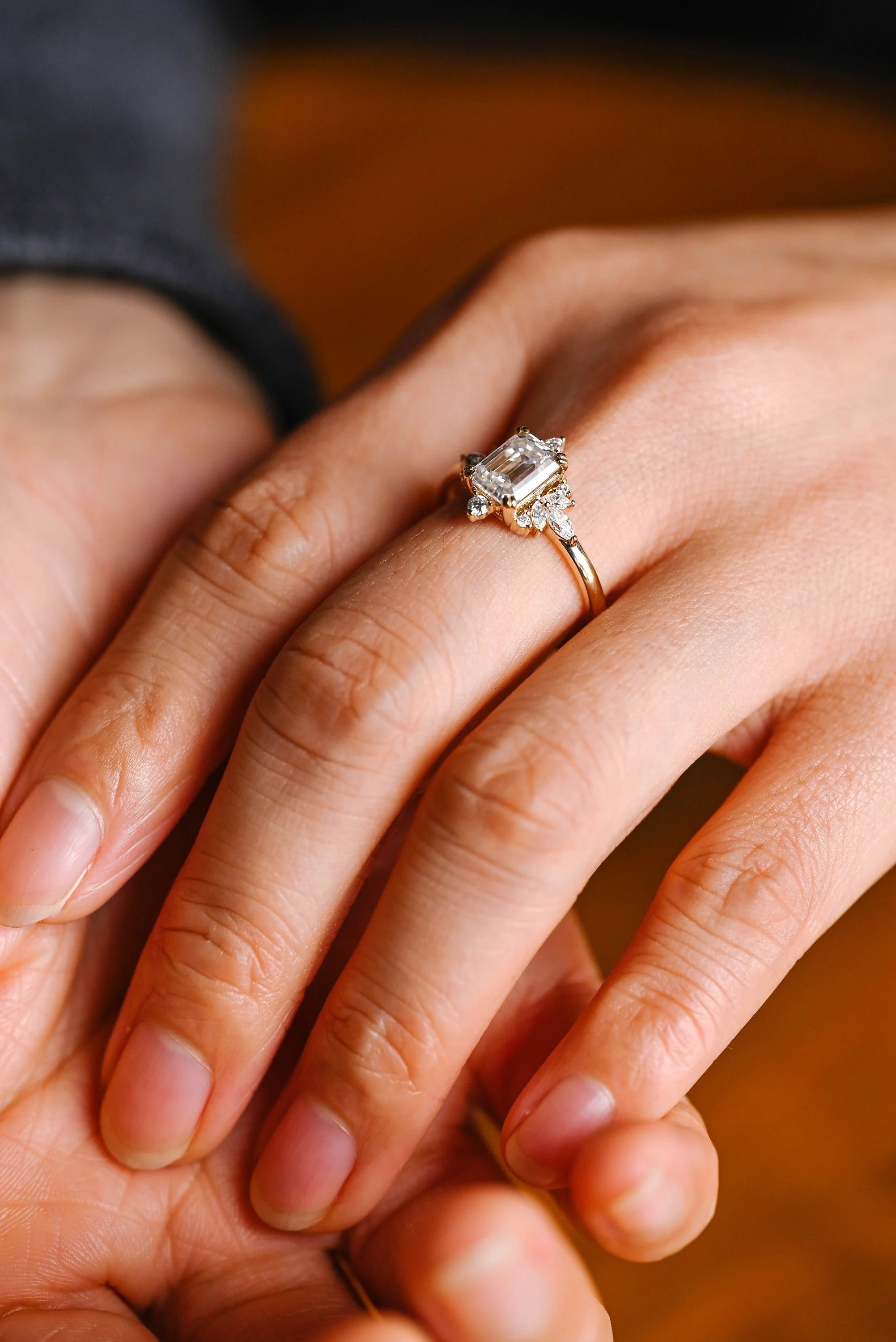 Solid Gold Emerald Cut Moissanite Engagement Ring, Dainty Cluster Promise Ring