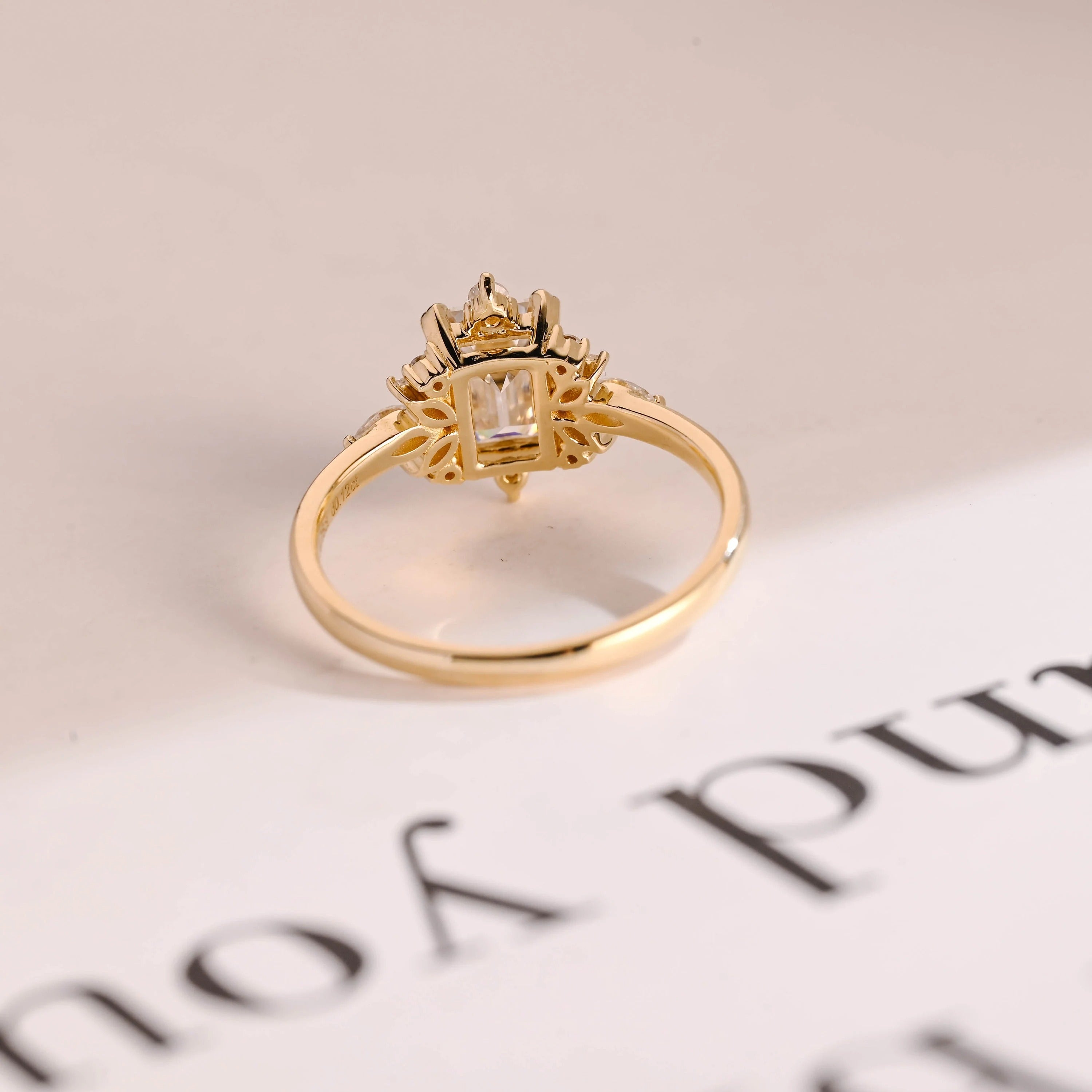 Solid Gold Emerald Cut Moissanite Engagement Ring, Dainty Cluster Promise Ring