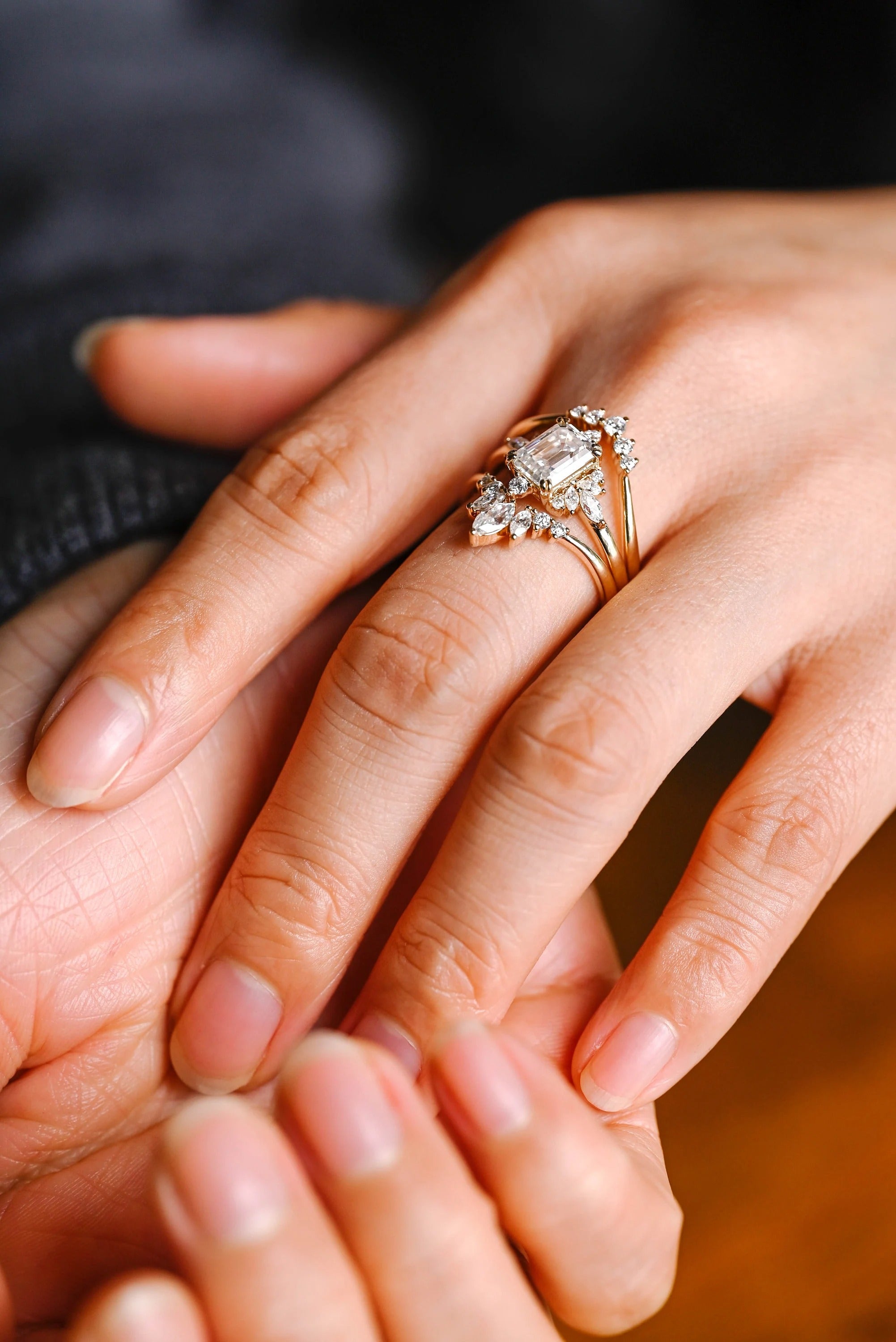Solid Gold Emerald Cut Moissanite Engagement Ring Set, Wedding Band Set