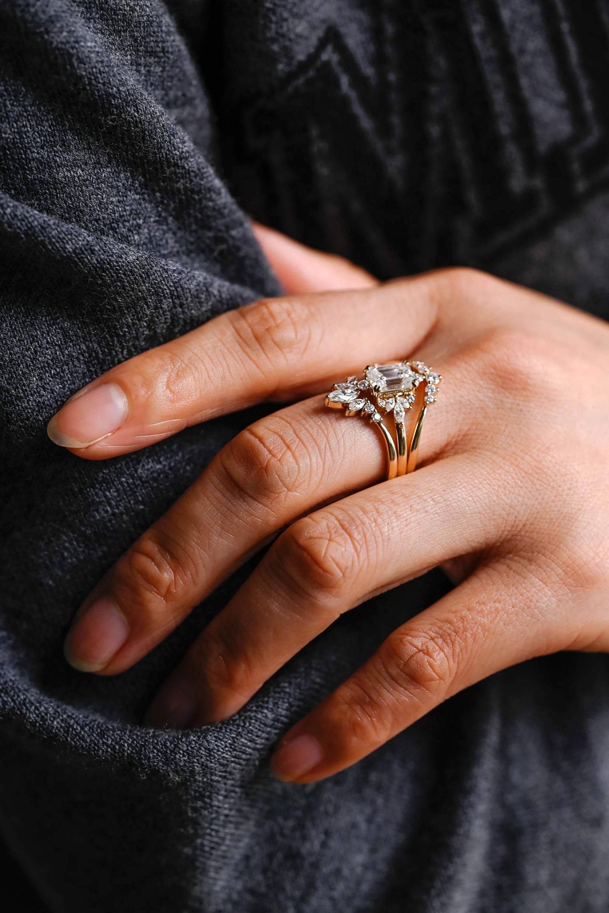 Solid Gold Emerald Cut Moissanite Engagement Ring Set, Wedding Band Set