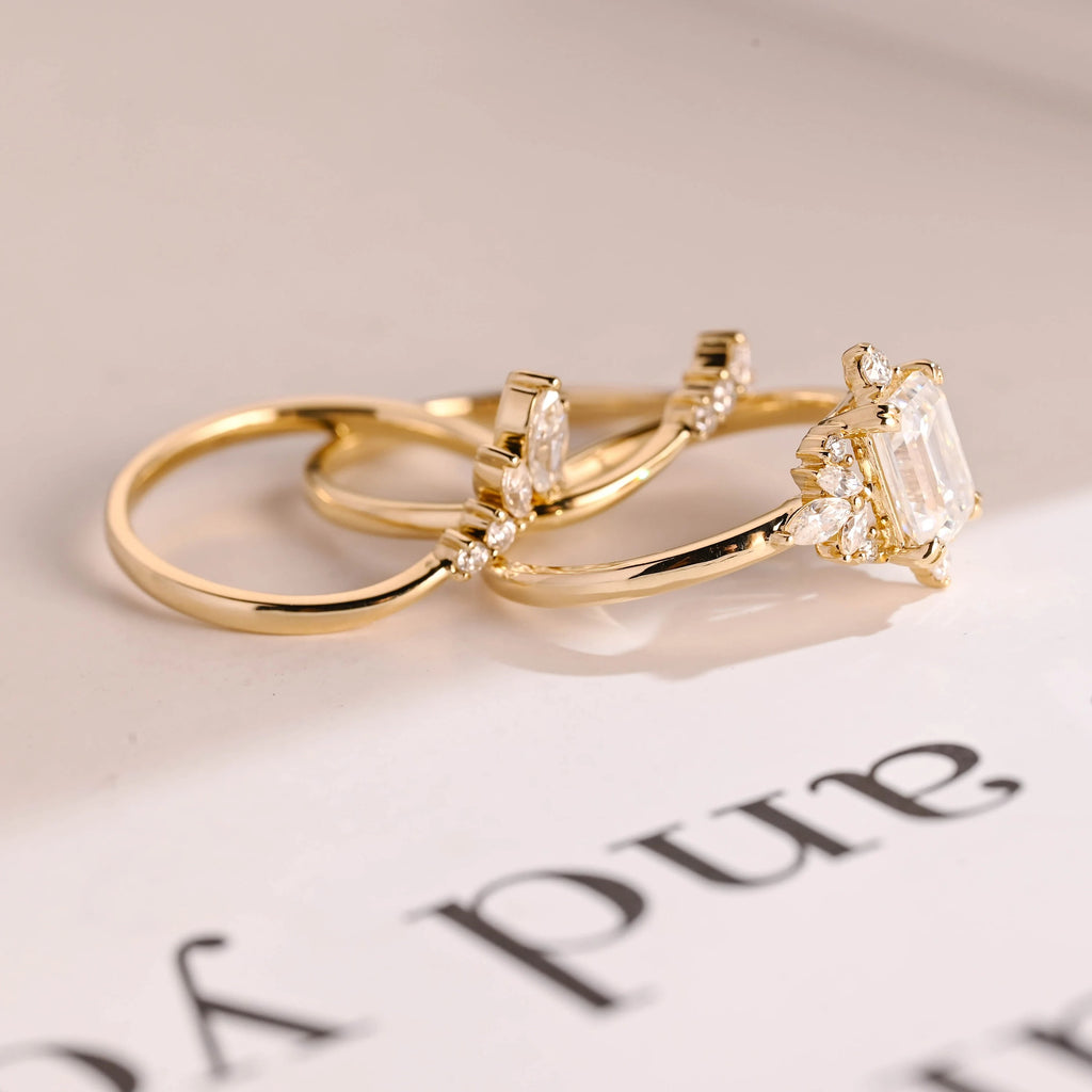 Solid Gold Emerald Cut Moissanite Engagement Ring Set, Wedding Band Set