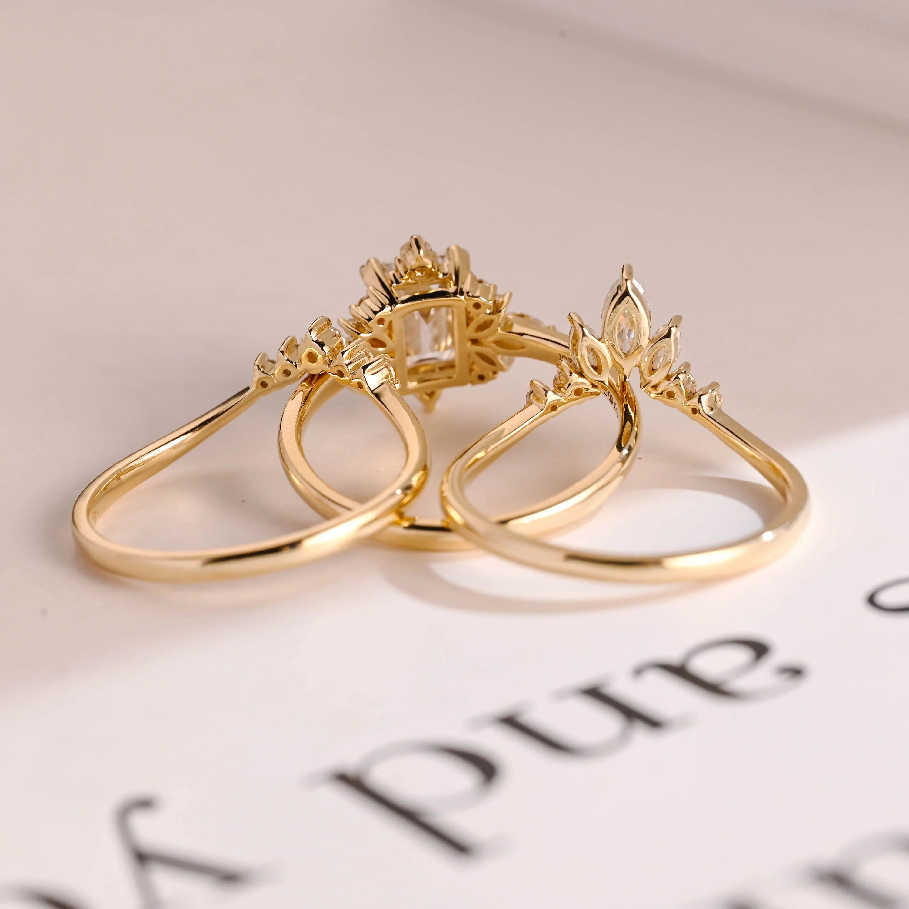 Solid Gold Emerald Cut Moissanite Engagement Ring Set, Wedding Band Set