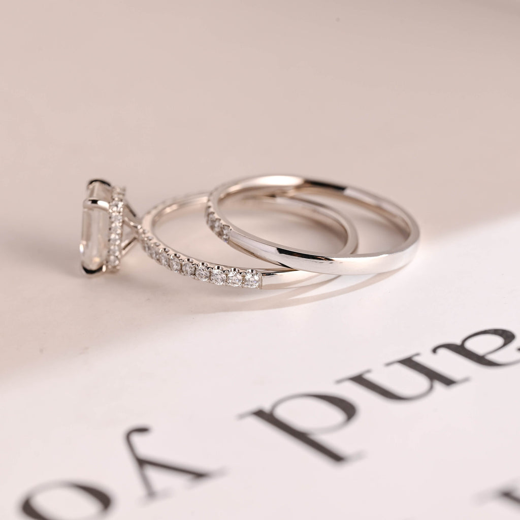Solid Gold Emerald Cut Moissanite Wedding Band Set