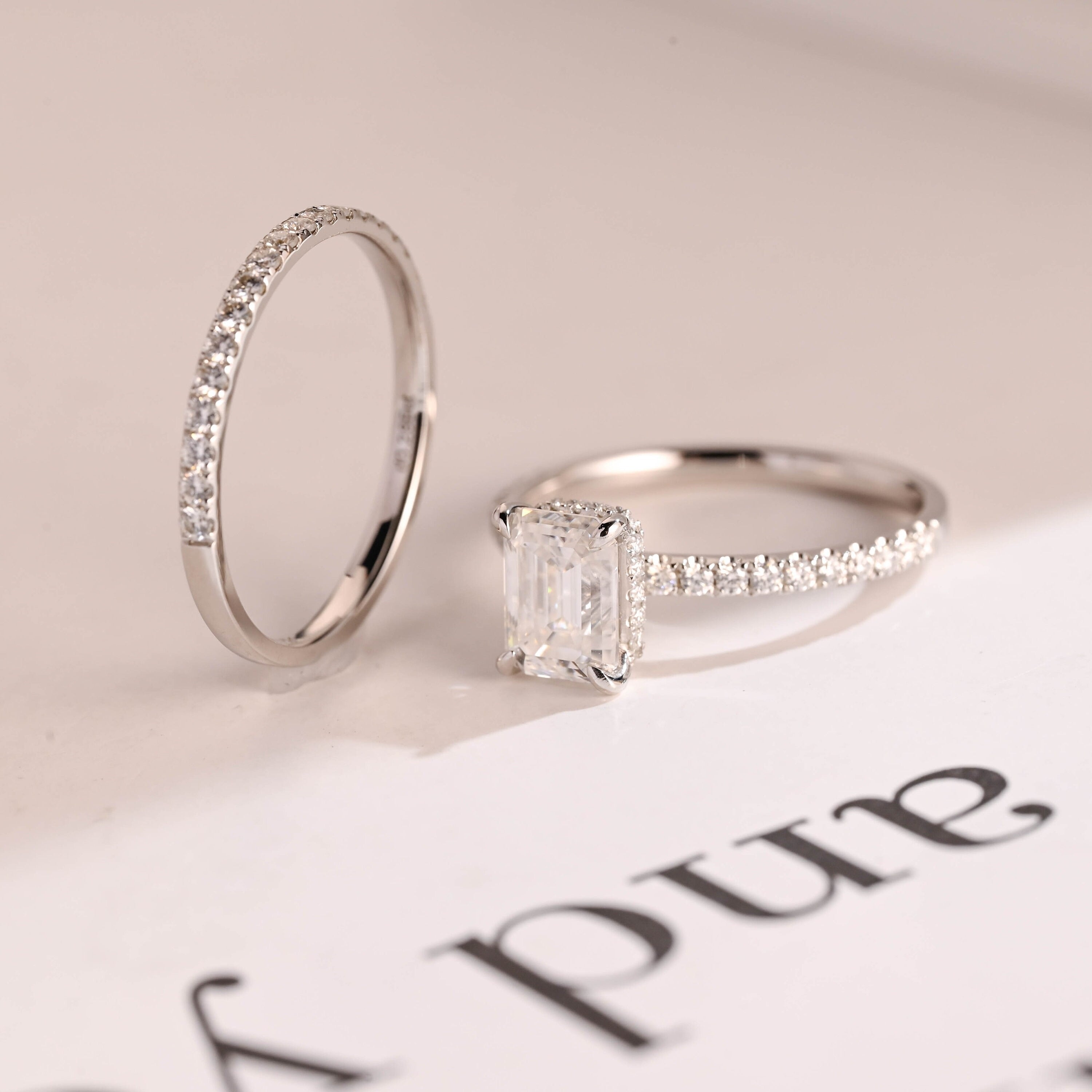 Solid Gold Emerald Cut Moissanite Wedding Band Set