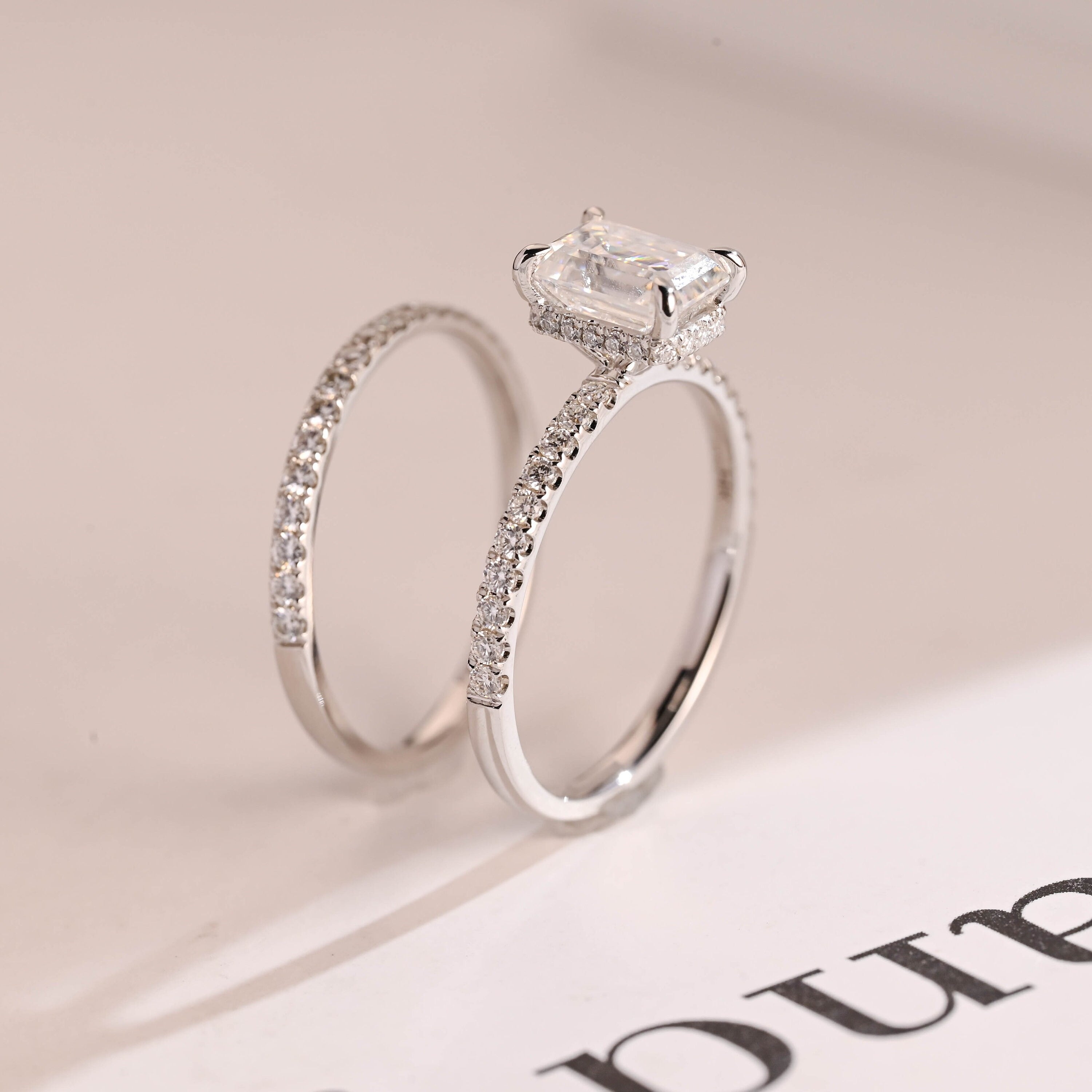 Solid Gold Emerald Cut Moissanite Wedding Band Set