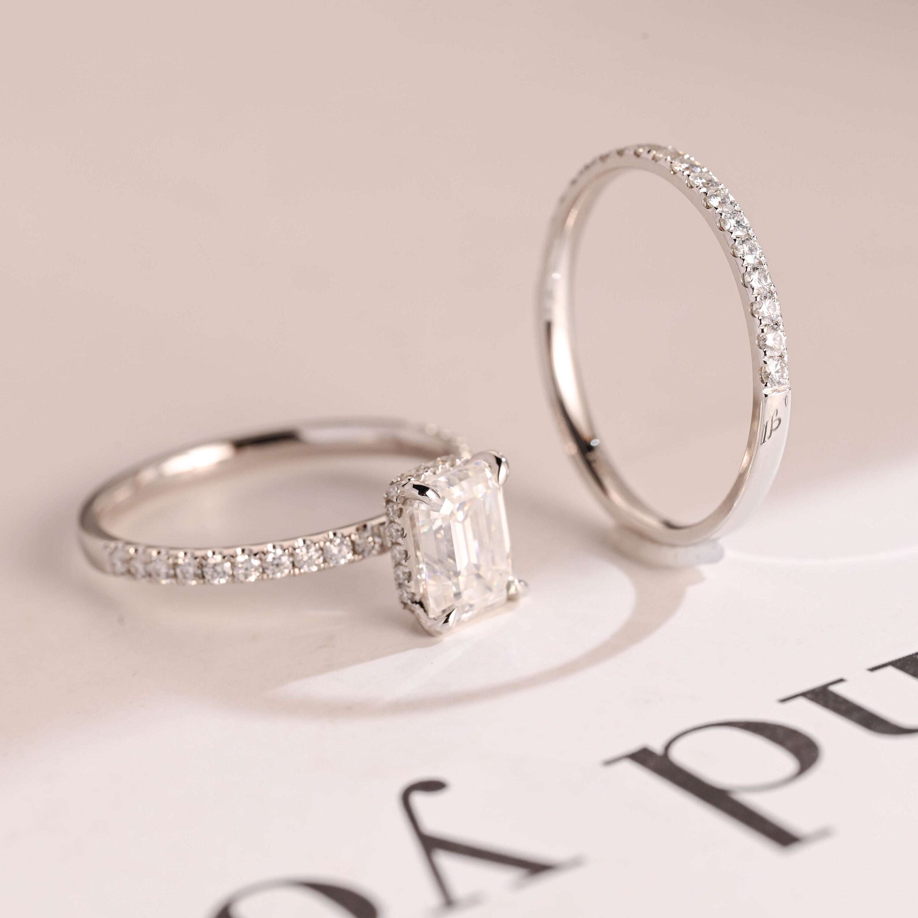 Solid Gold Emerald Cut Moissanite Wedding Band Set