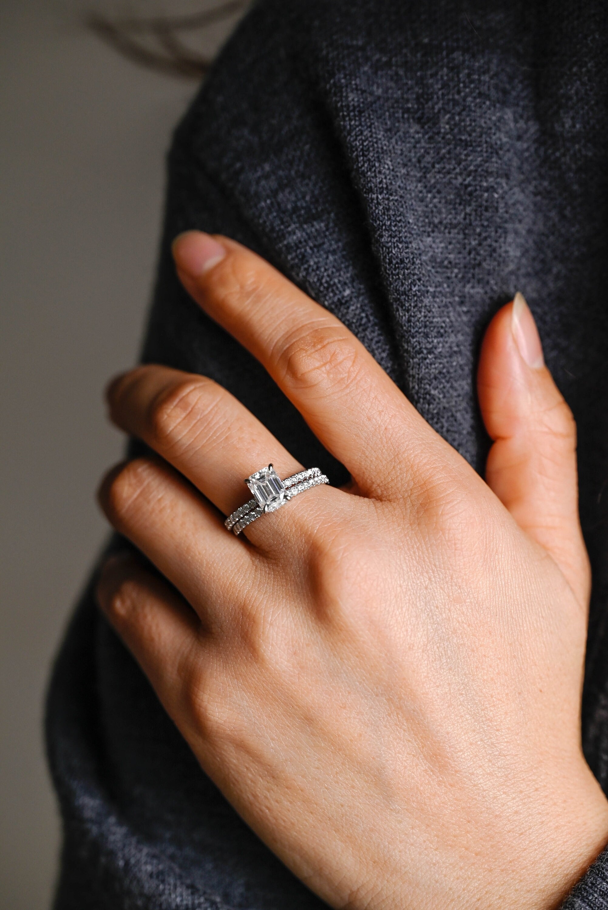 Solid Gold Emerald Cut Moissanite Wedding Band Set